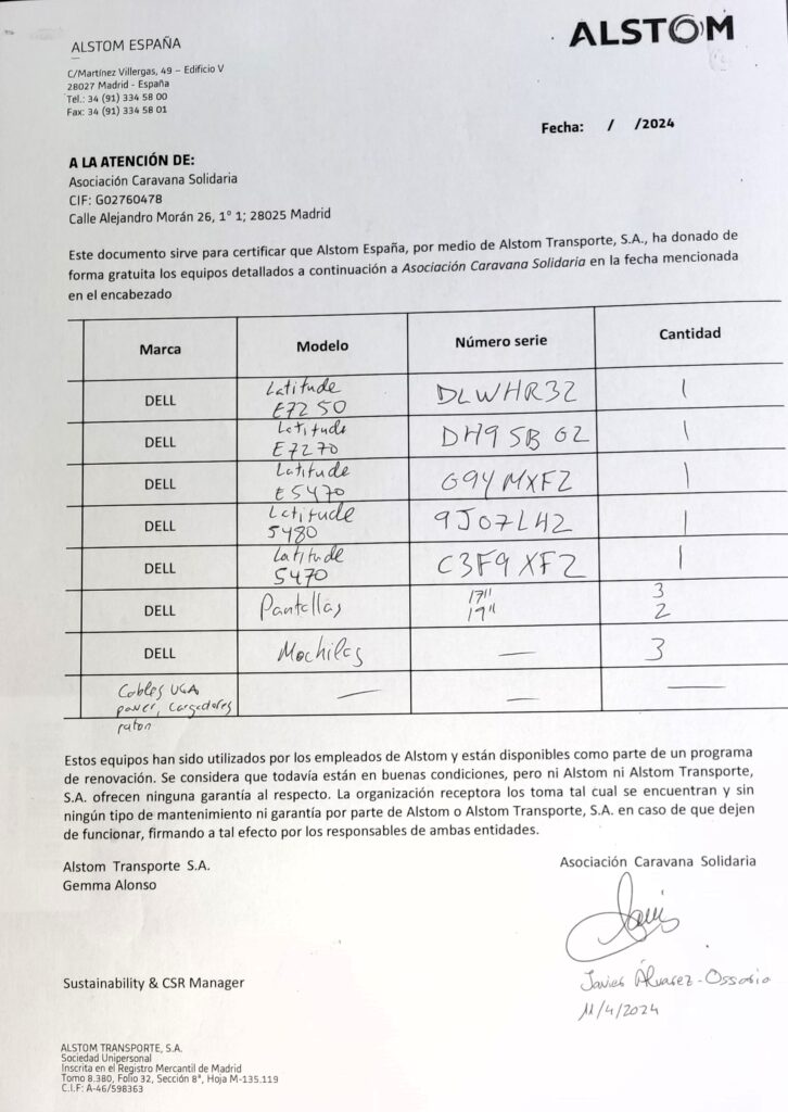 Documento de recogida de ordenadores ALSTOM